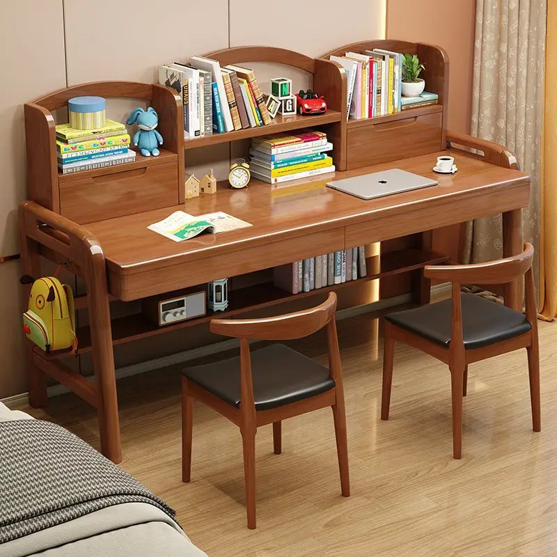 desk bookshelf combination, solid wood double study table, home bedroom