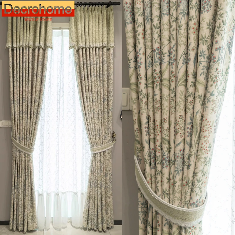 

Pastoral Printed Cotton Linen Lace Splicing Thickened Curtains for Living Room Bedroom Balcony Floor To Ceiling Bay Window