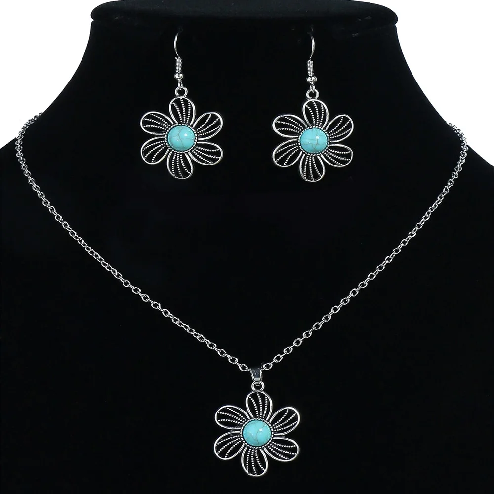 Vintage national imitation Turquoise women's earring necklace set antique silver plated alloy green earring necklace