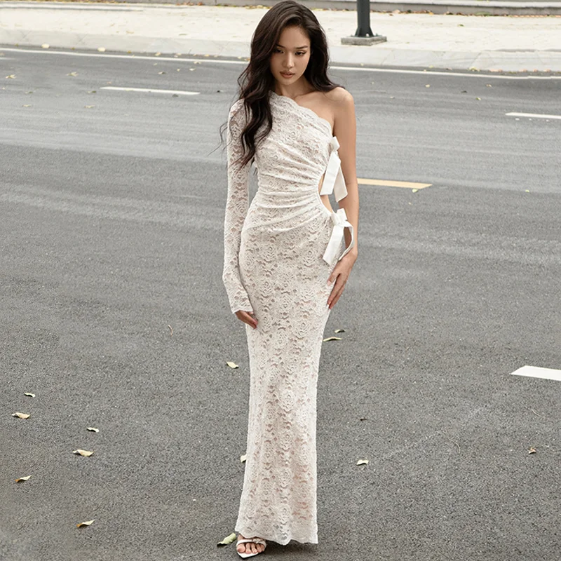 

French Retro Style Sexy Lace Splicing Hollow Long Sleeve Dress for Women, Summer Design, Slimming Hip-hugging Skirt