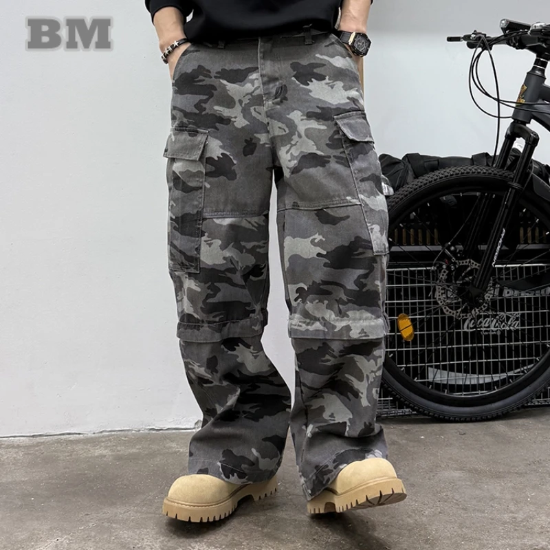 ‌Mens American Vintage Cargo Pants Tactical Camouflage Gray Loose Fit Straight Leg Convertible Outdoor Trousers Two Ways Wear