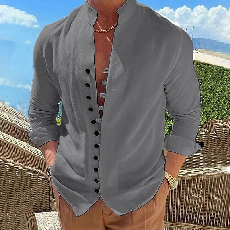 Men Vintage 100% Cotton Stand Collar Long Sleeve Shirt Loose Casual Spring Summer Beach Tops