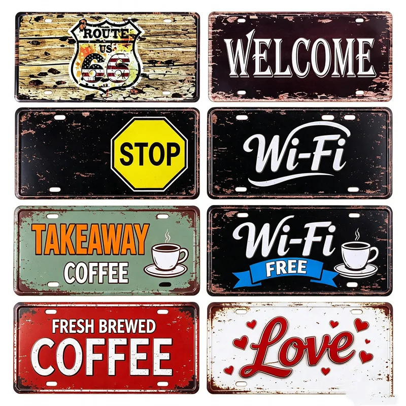 Route 66 Metal Sign American License Plate Tinplate Retro Wall Decoration Plate Welcome sign WIFI Free Sign Coffee shop Decor