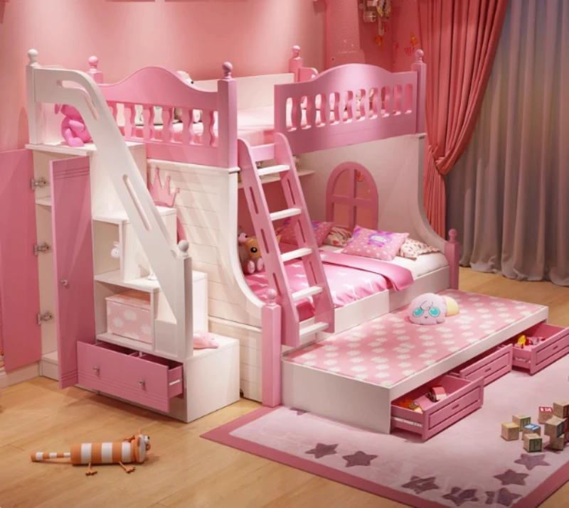 Children on and off bed girl princess bed dream castle bunk bed high and low bed sibling bed s-slide