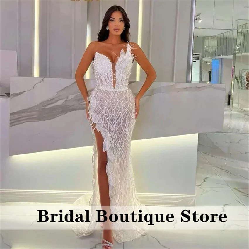 

Exquisite White Evening Dress 2025 Beads Crystals Feathers Birthday Party Dress Wedding Gown Prom Gown Customized