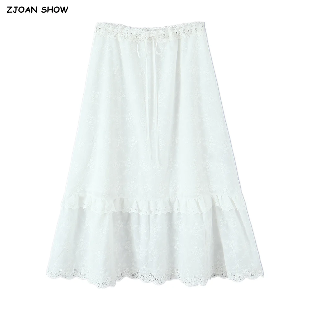 2025 Holiday White Embroidery Flower Spliced Wood ears Lace Midi Long Skirt Women Ribbon Bow Waist Swing A-lined Skirts Boho