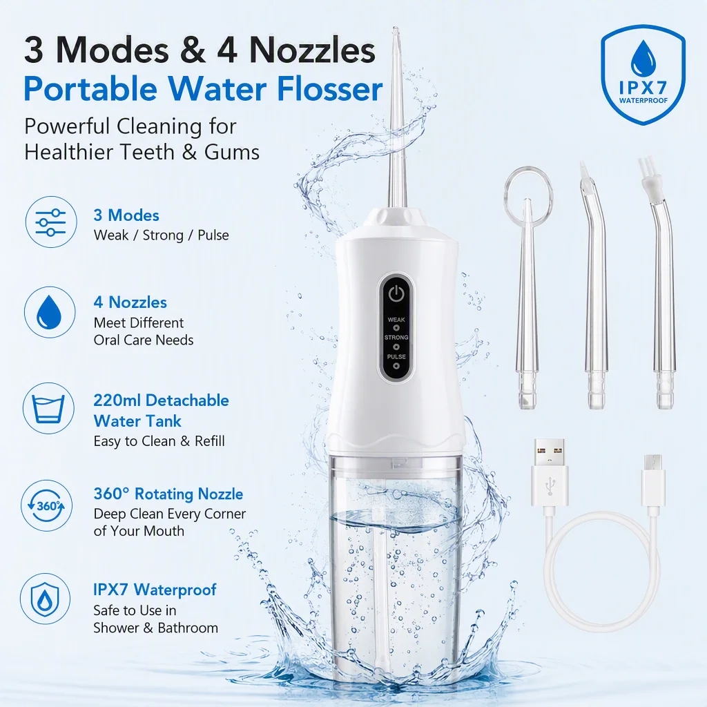 Portable Water Flosser 3 Modes 1200 Pulses/min 220ml Tank 500mAh Rechargeable 360° Nozzle Oral Irrigator Teeth Cleaner Home Use
