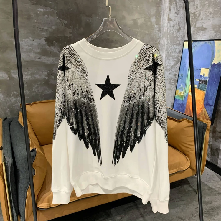 

Hot Drilling Large Front and Rear Wings Men Women Pullovers Hoodie Top O-neck Stars Couple's Sweatshirt Streetwear Clothes White