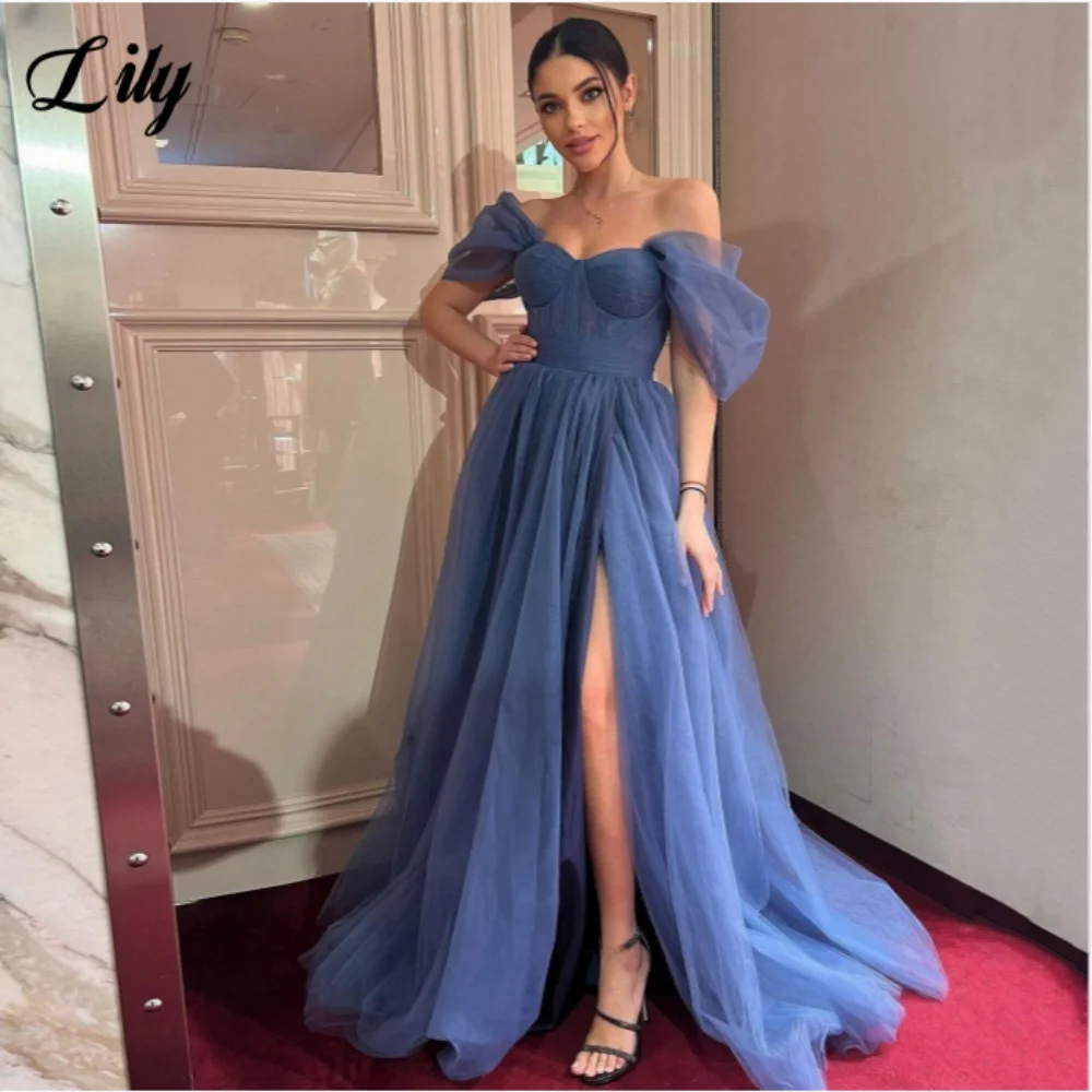 Lily Blue Sexy Prom Dress Sweetheart Off the Shoulder Prom Gown for Woman Net Side Split Formal Dresses robe soirée Customized