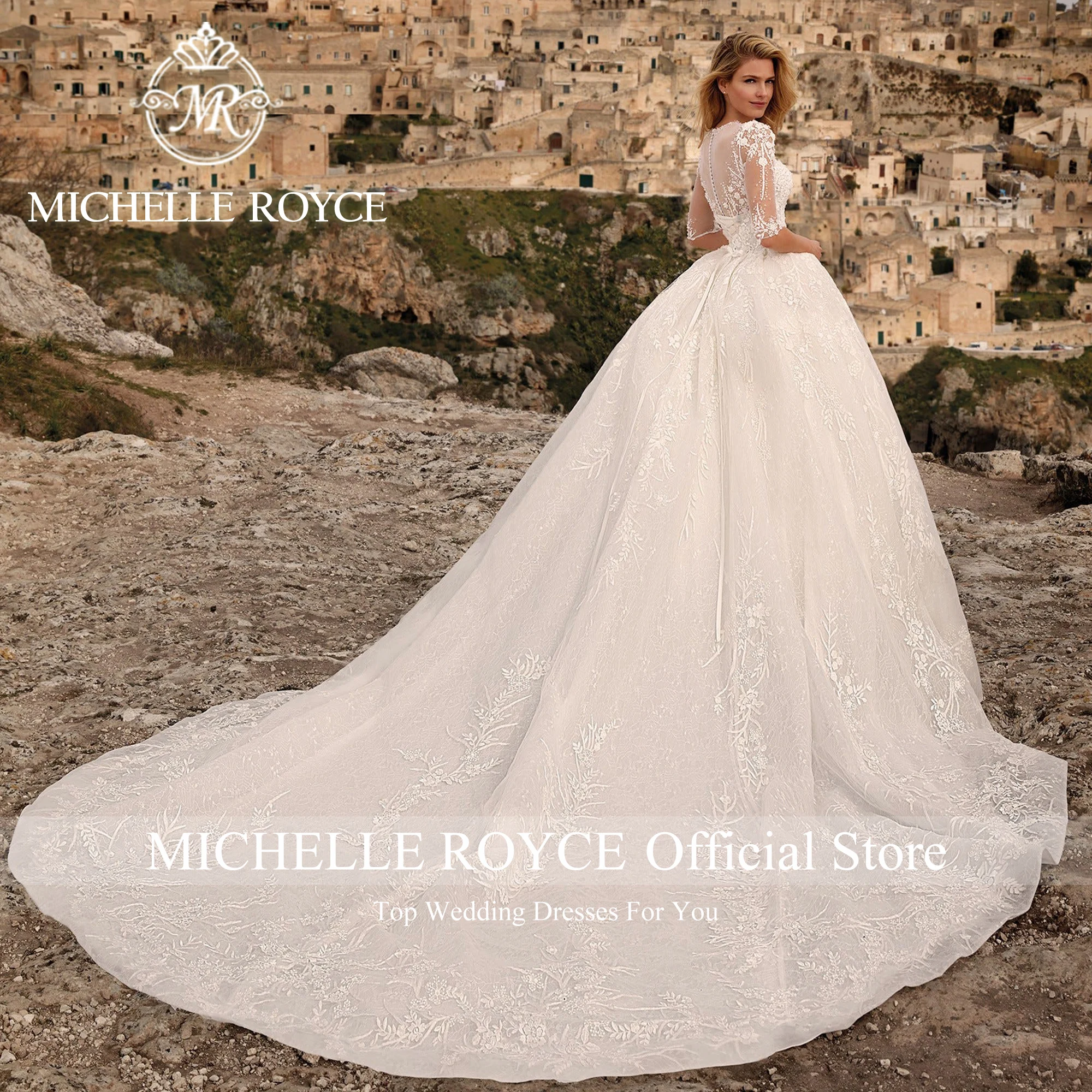 Michelle Royce Ball Gown Wedding Dresses For Woman2024 SCOOP Embroidered Organza Half Sleeve Chic Wedding Gown Vestidos De Novia