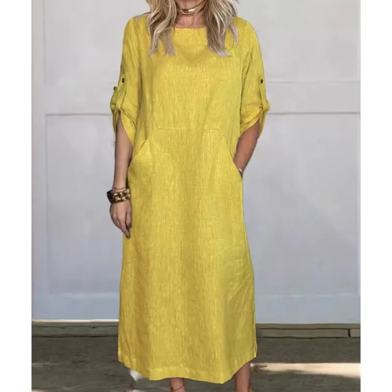 2025, novedad de verano, vestidos de algodón para mujer, moda sólida, suelto, manga corta, cuello de jardín, bolsillo, vestidos blancos de longitud media, bata elegante