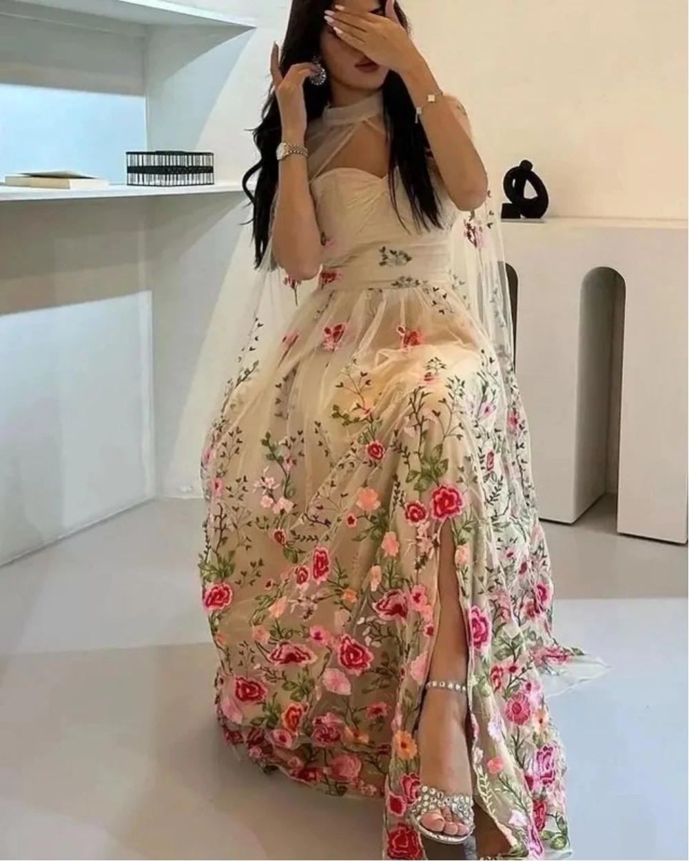 Customized Prom Dresses Matching High Collar A-line Evening  Embroidery Flower Organza Formal Occasion Gown فستان سهرة نسائي 202