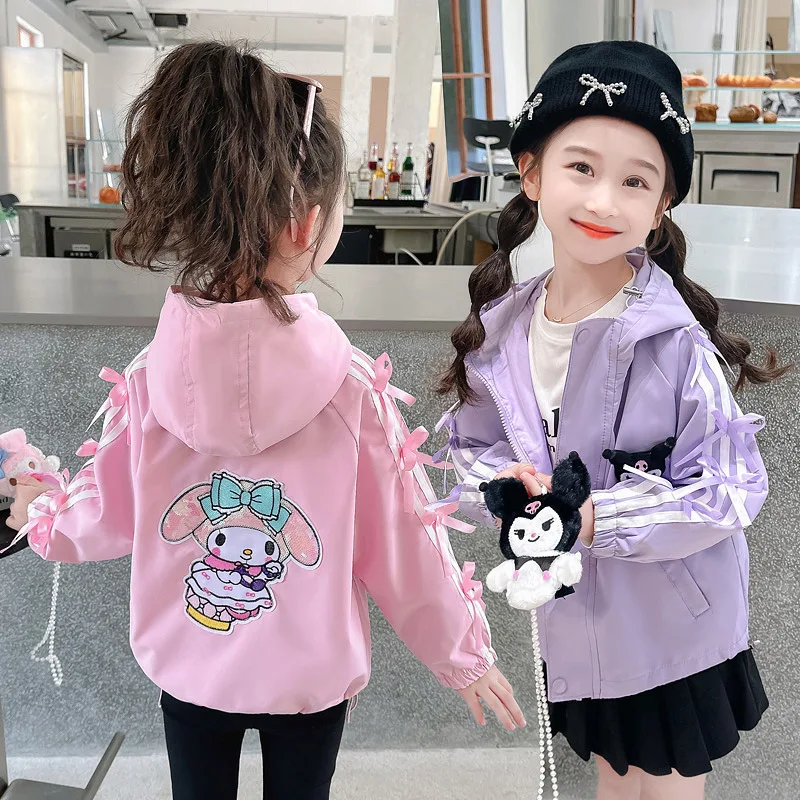 Girls Outerwear Spring Autumn Anime Sanrios Kuromi Hooded Jacket Warmth Kawaii My Melody Kids Zipper Cardigan Long Sleeve Tops