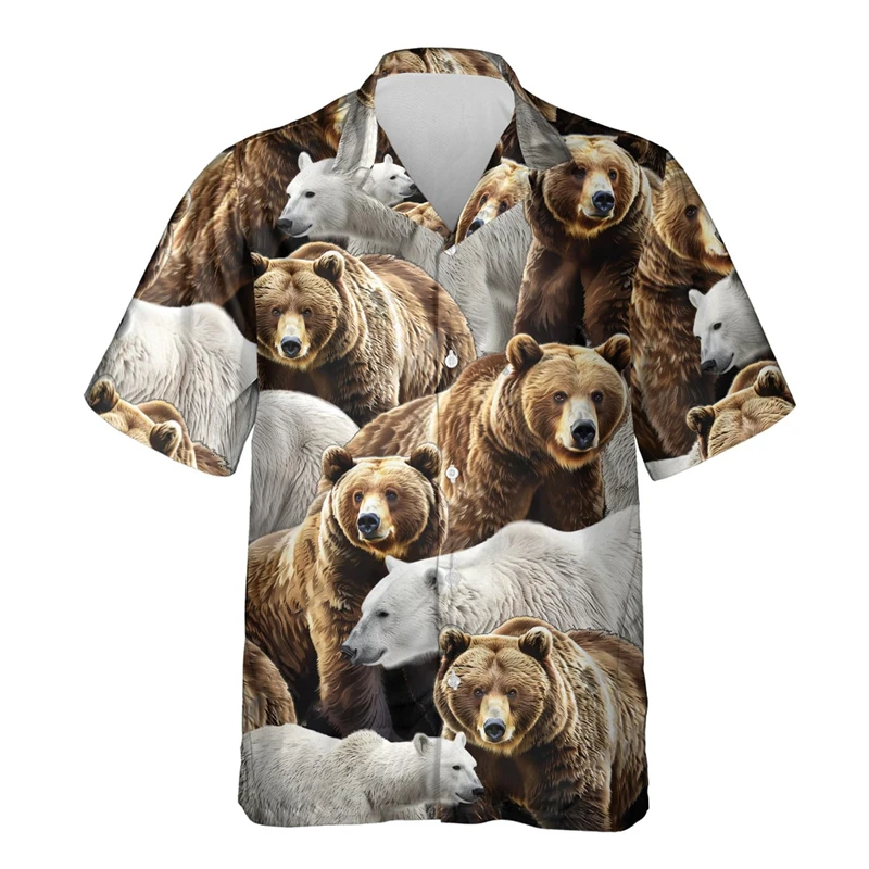 

Новая гавайская рубашка с 3d принтом медведя для мужчин, рубашки с короткими рукавами и лацканами с животным узором, летние каникулы, пляжная блузка Aloha, топы