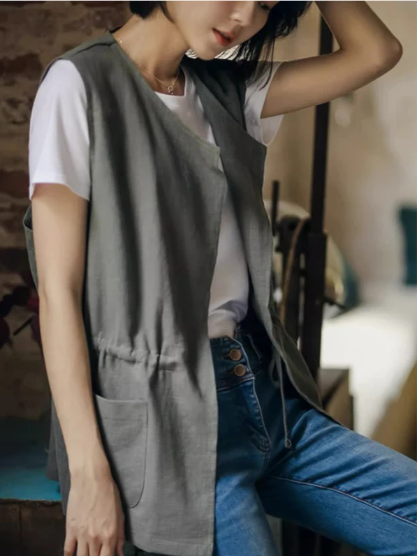 เสื้อกั๊กผ้าฝ้ายลินินทรงเข้ารูปทันสมัย พร้อมเข็มขัดสี ไม่มีกระดุม คอกลม สไตล์ลำลอง โอเวอร์ไซส์ แฟชั่นฤดูร้อนสำหรับผู้หญิง