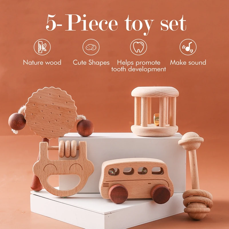 Baby Holz Rassel Spielzeug Buche Blöcke Cartoon Auto Rassel Spielzeug Kind Hand Glocke pädagogische Montessori Zahnen spielen Fitness studio Baby Spielzeug Geschenk