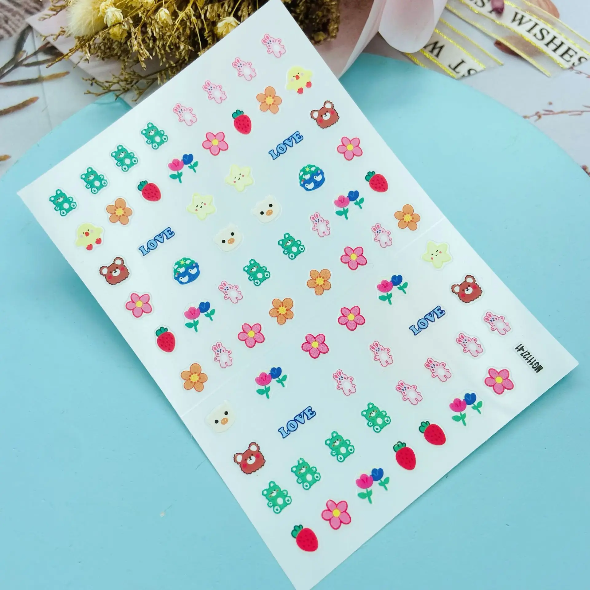 Fashion New Arrival DIY Japanese Style Nail Stickers New Design of Baby Bears Flowers Strawberry Rabbits Dry Nail Decals Women