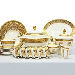 Gold decoration tableware royal style bone china dinnerware sets luxury porcelain