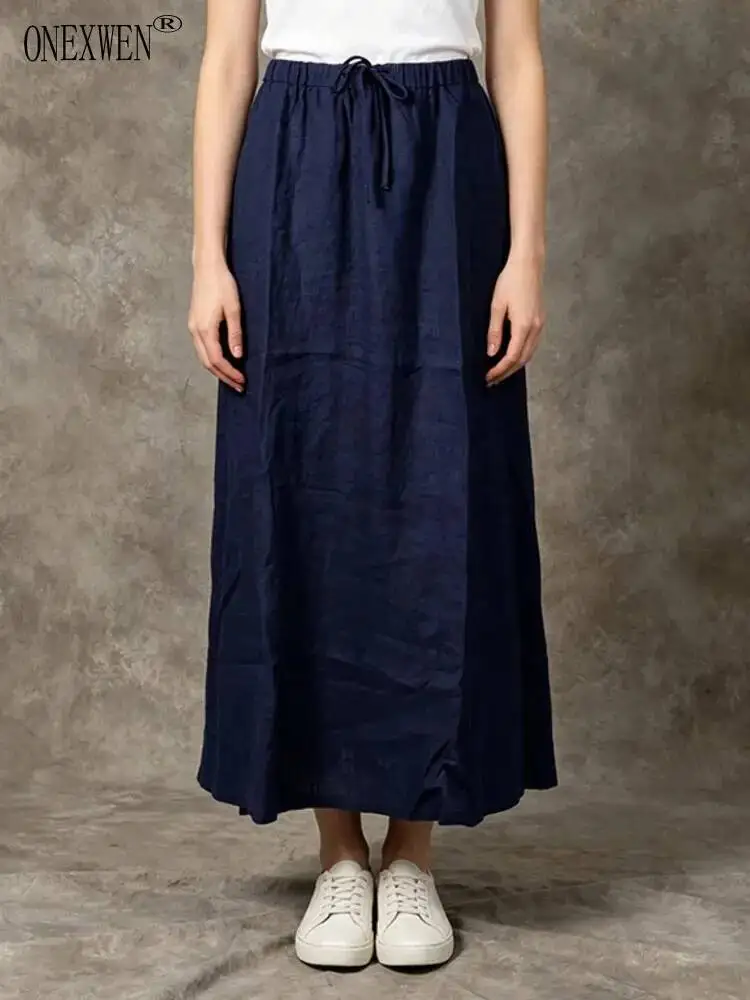 ONEXWEN Women Navy Blue Linen Maxi Skirt Elastic Waist Drawstring A-Line Long Skirt Summer Loose Breathable Skirts ZM5341