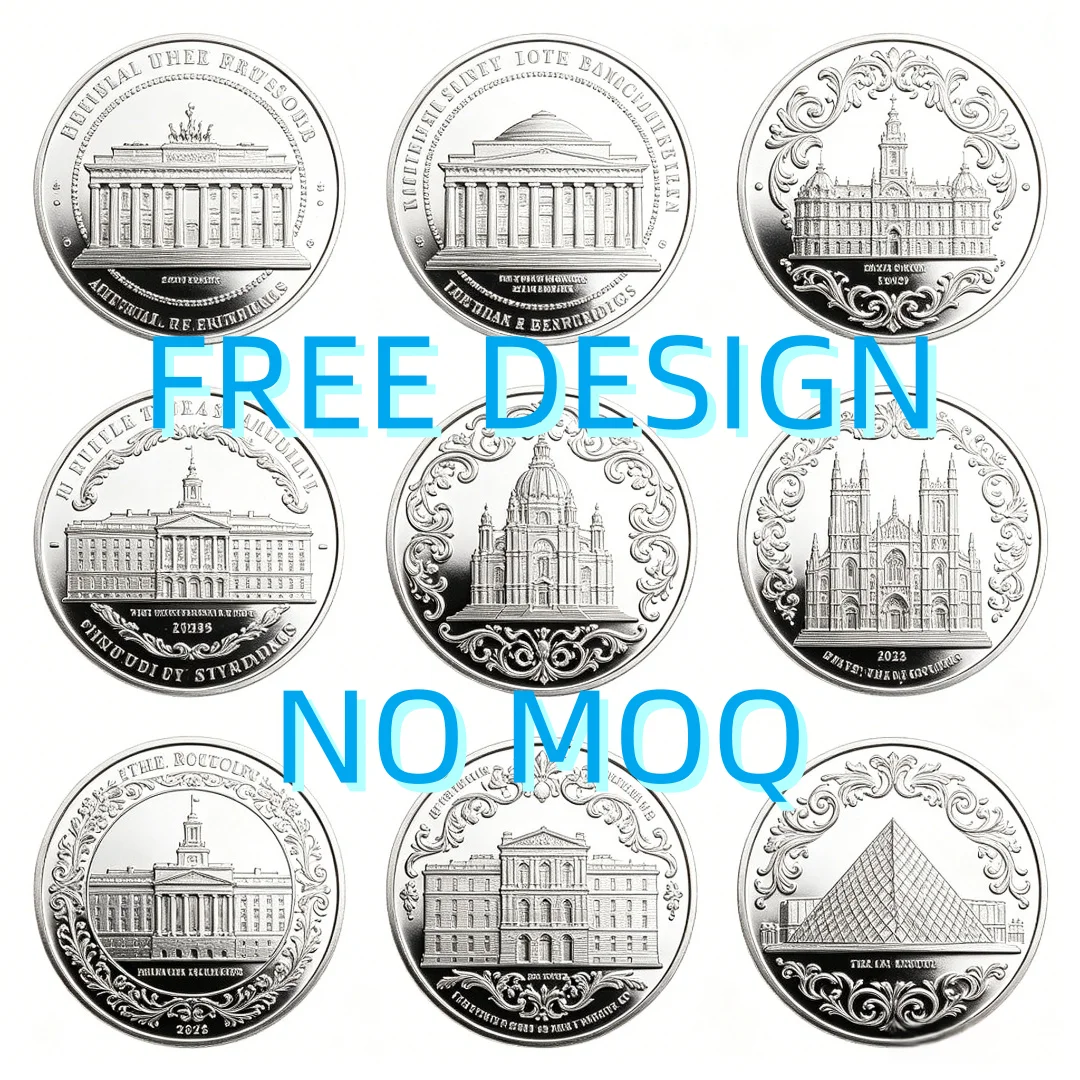 

Custom Silver Challenge Coin 3D Embossed Commemorative Coin Personalized Logo European Building Souvenir Metal Coin Free Design