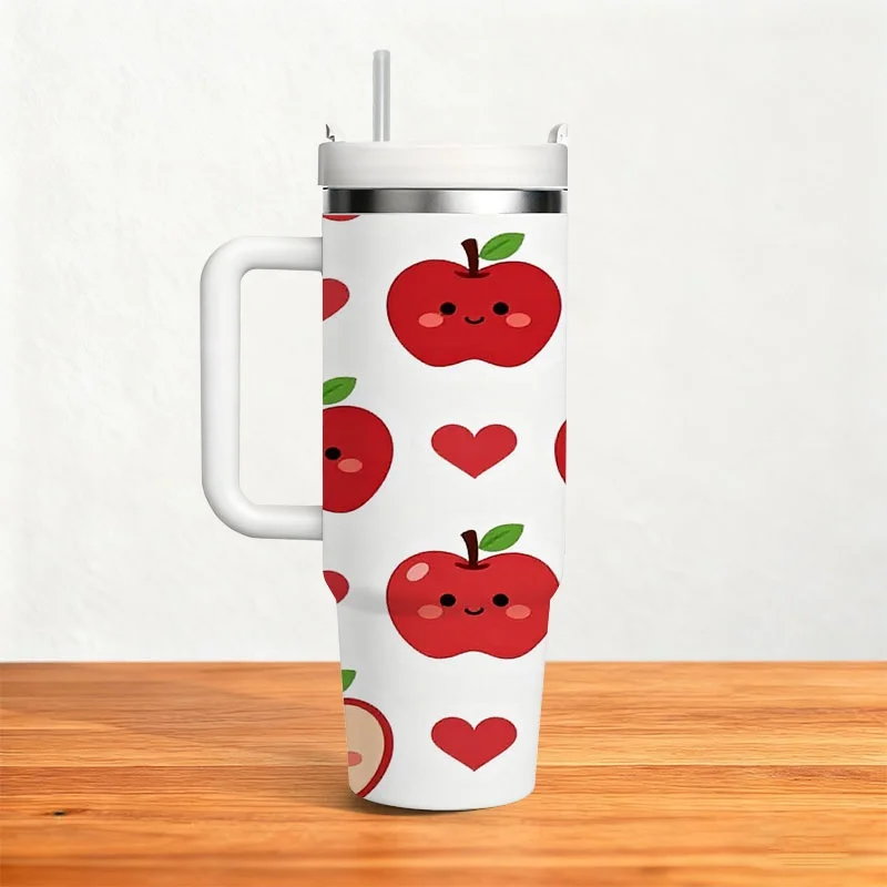 Playful Smiling Red Apple And Heart Pattern 40Oz Stainless Steel Insulated Tumbler, Cute Digital Printed Reusable Drink Cup, Ideal for Daily Commute, Office Use And Outdoor Trips