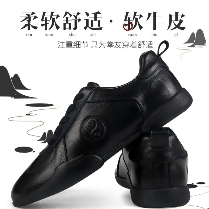 Sapatos de couro genuíno para homens e mulheres, couro macio, sola de tendão bovino, artes marciais, sapatos confortáveis de Tai Chi, sapato esportivo antiderrapante, outono