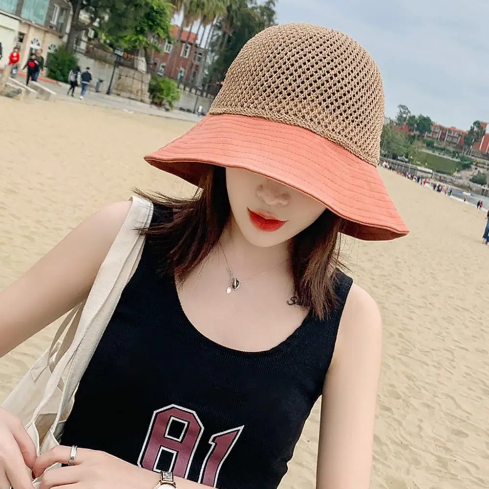 Women's Crochet Sun Hat with Bowknot, Hollow Woven Wide Brim Foldable Beach Hat, Summer Bucket Cap Foldable Travel Sun Hat