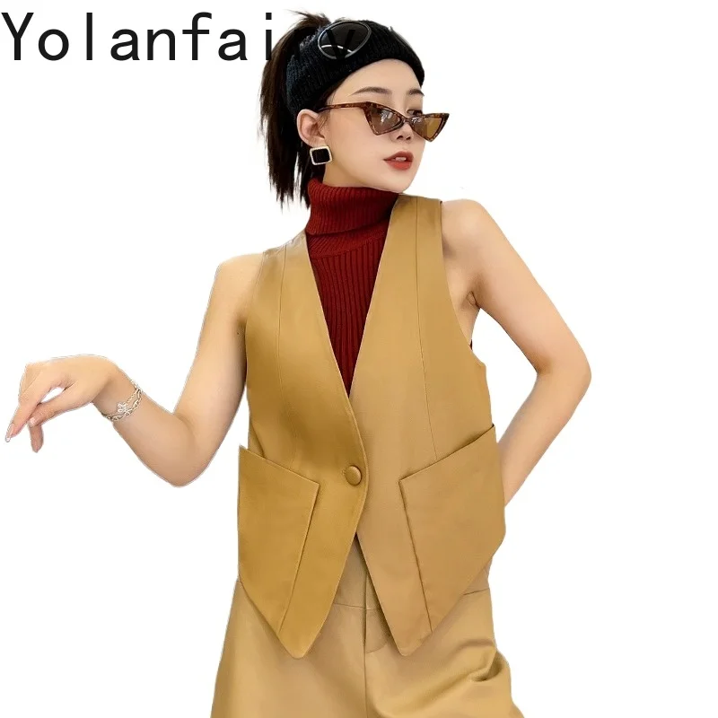 

YOLANFAIRY 2026 Autumn Women Red Genuine Sheepskin Leather Short Vest Slim Fit Sleeveless Jacket with Large Pockets Casual Gilet