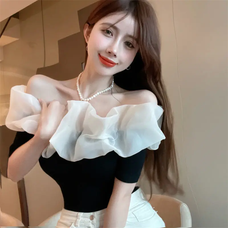 Retro Slim Blouses Women Holiday Sweet Patchwork Trendy Ins Slash Neck Hotsweet Korean Style Sexy Ladies Aesthetic All-match Y2k