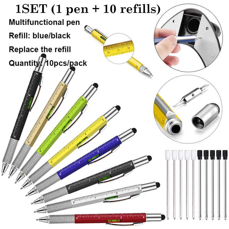 1set multifunction ballpoint pen black ink with screwdriver, ruler, spirit level touch screen tool pen, stylus multifunction pen