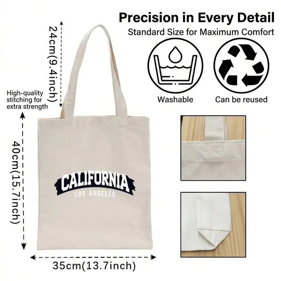 

Reusable Canvas Tote Bag With California Print Lightweight Shopping Bag For Daily Use
