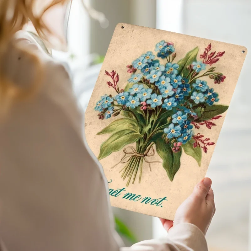 2D Flaches, Vintage-Blumenmuster Metallschild Wandkunst - 8x12 Zoll Rustikale Blaue Vergissmeinnicht-Wanddekoration mit der Aufschrift "Vergissmeinnicht"