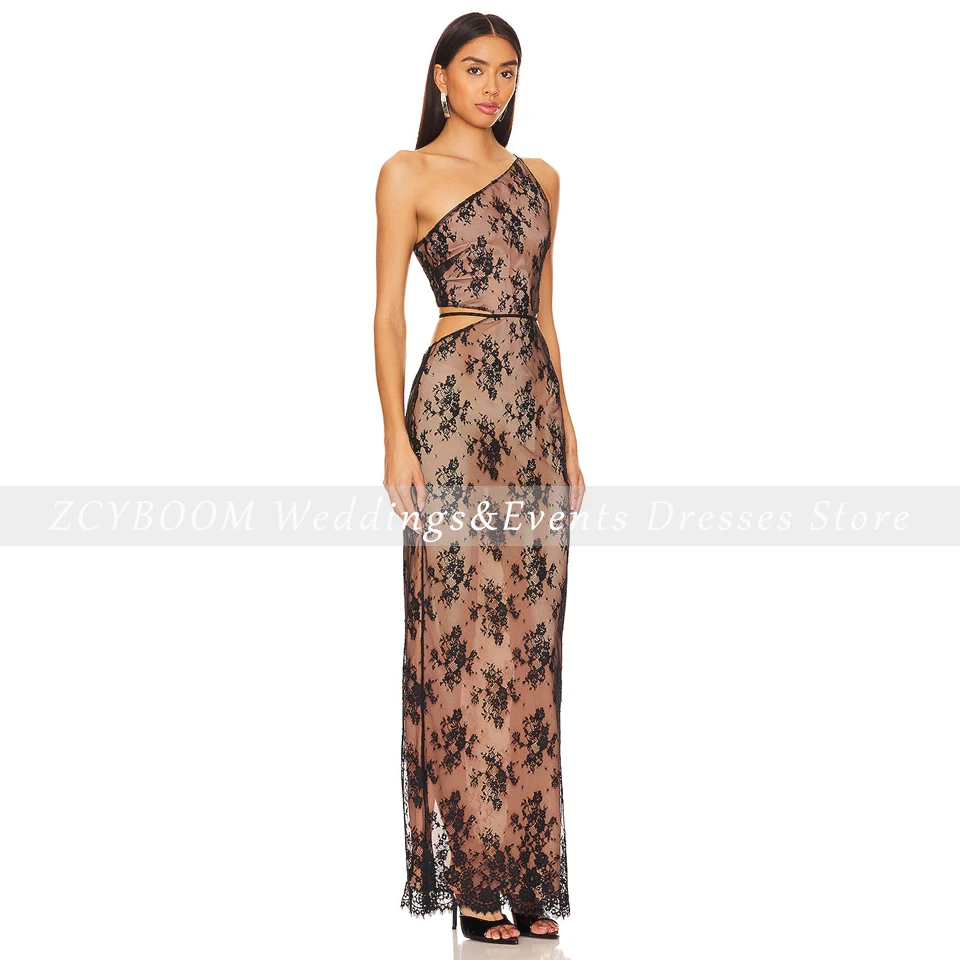 Customized Charming One-Shoulder Lace Backless Lace Open Back Sleeveless Evening Dress 2025 A-Line Side Slit Zipper Prom Dress