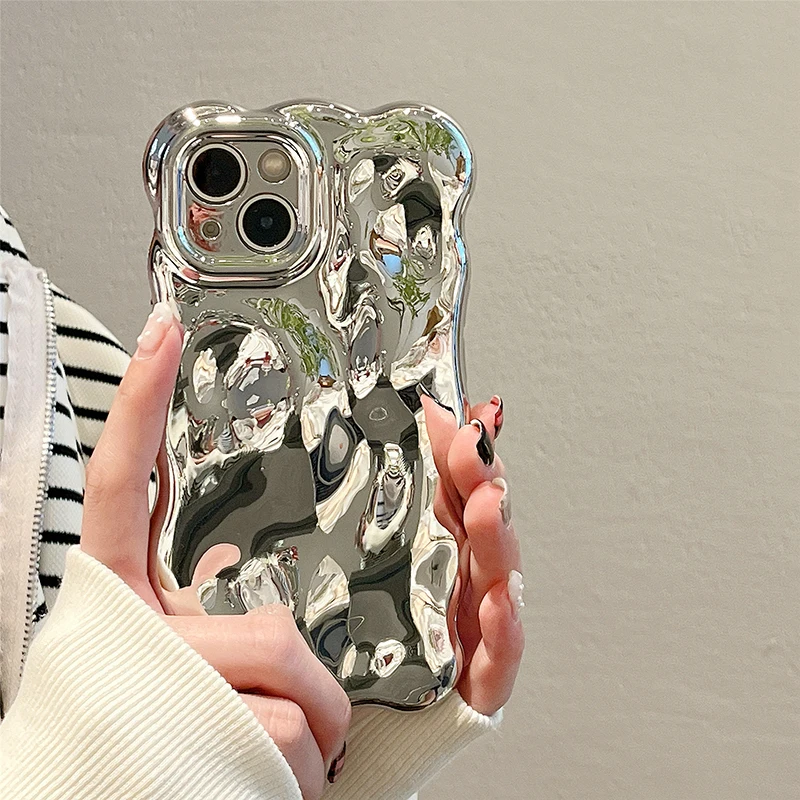 Ins Plating Metal Silver 3D Bubble Wave Edge Case For iPhone 17 Air 16 13 14 12 11 15 Plus Full Protection Glossy Back Cover