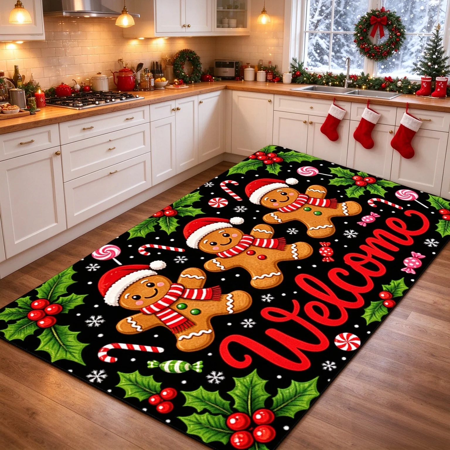 Christmas Gingerbread Welcome Carpet Gingerbread Man Holly Candy Print Floor Rug For Home Entry Decor