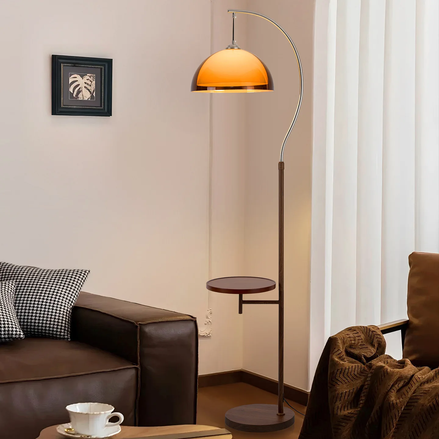 Wood Arc Floor Lamp With Side Table Foot Switch 3 Colors Acrylic Shade Standing Floor Light For Bedroom Living Room Reading