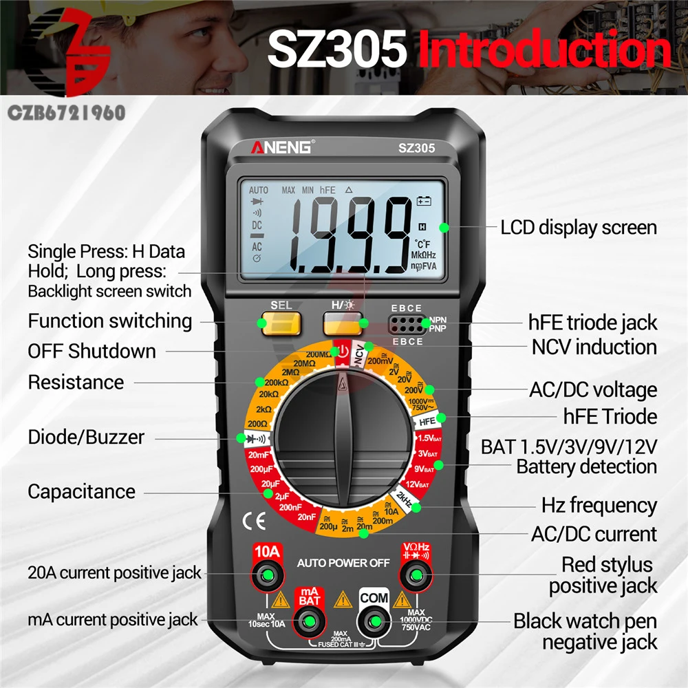 SZ304 SZ305 ANENG Digital Multimeter Volt Ohm Amp Meter Autoranging for AC/DC Current Voltage Resistance Frequency Tester 2000