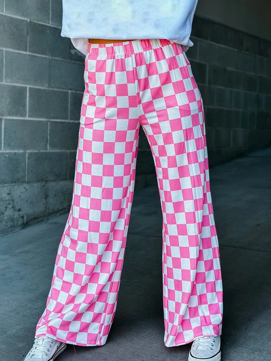 Womens Checkered Wide Leg Pants High Elastic Waisted Straight Loose Fitted LoungeTrouser Y2k Korean Streetwear