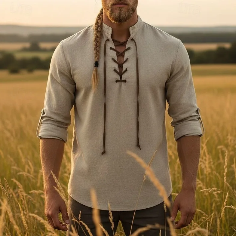 Medieval Renaissance Shirt Long Sleeves Viking Fancy Dress Men's Viking Pirate Halloween Carnival Performance LARP Ren