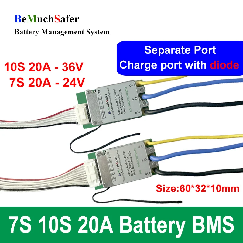 BeMuchSafer 7S 10S 20A 24V 36V Battery BMS 7S20A 10S20A Separate Port PCM With On/Off Switch Temperature Sensor for DIY Battery