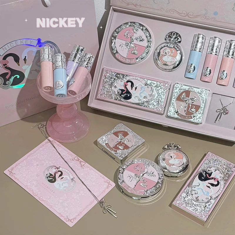 NICEKEY Multipurpose Makeup Sets Include 4 Lip Mud,1 Blush,1 Pressed Powder,1 Eyes Palette,1 Contour Palette With Necklace Gift