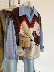 V-neck Knitted Vest Sweater Autumn Winter New Women's Loose Sleeveless Waistcoat Casual Fashion Pullover Tops