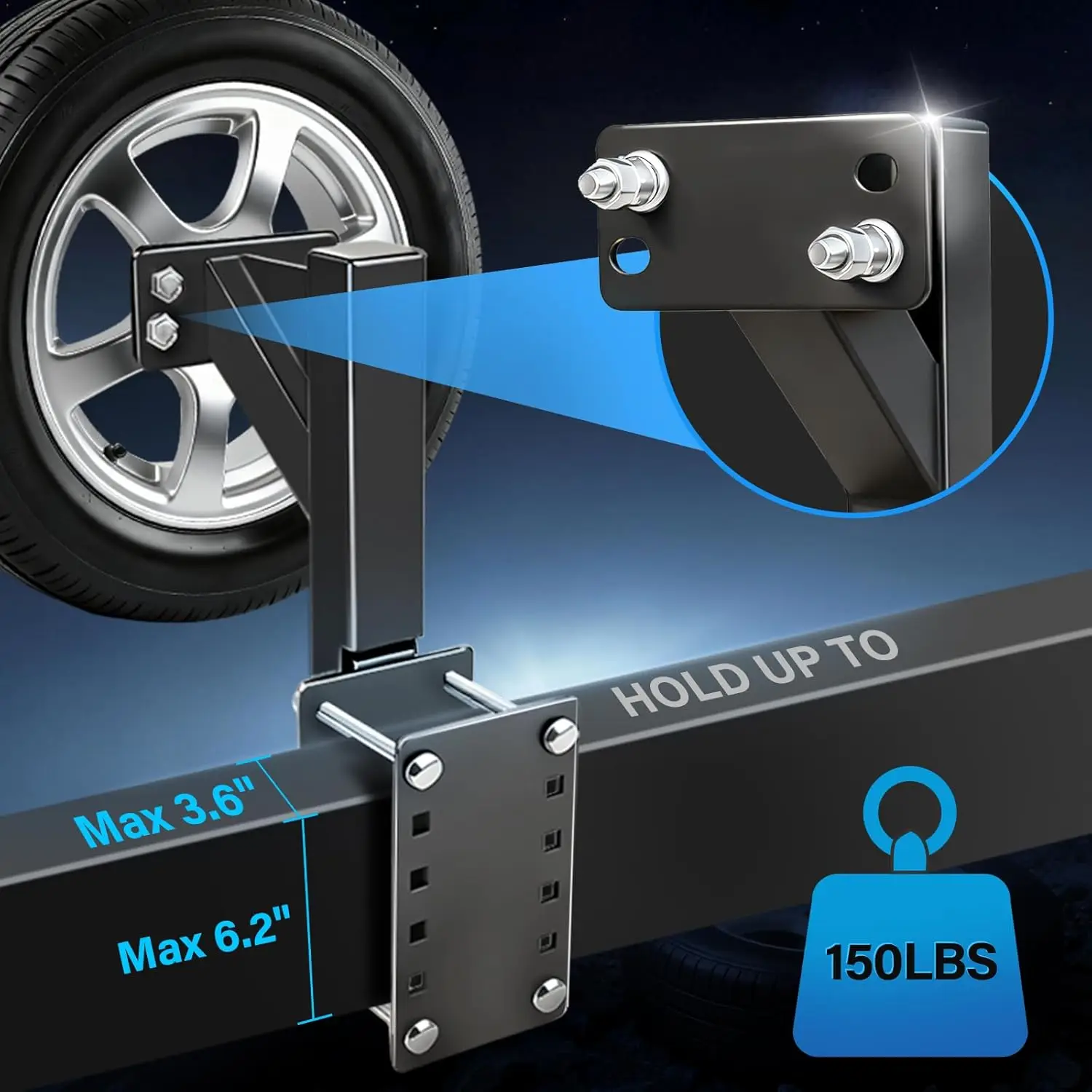 Heavy Duty Folding Trailer Spare Tire Carrier Mount, 17 Inch Elevated Bracket Holds Up to 150 Lbs, Fits Multiple Bolt Patterns