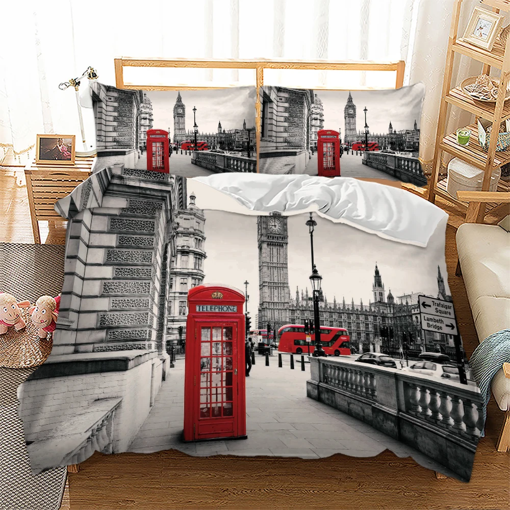 

3D - Printed London City Landscape Bed Linen Set: Big Ben, Red Phone Booths & Buses Pattern. Includes Duvet Cover + Pillow Cover