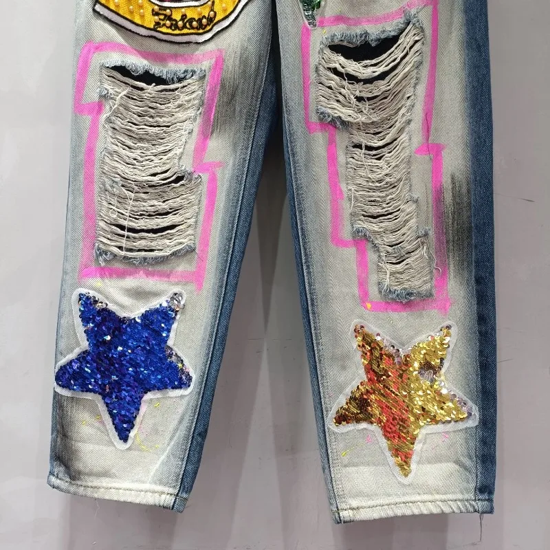 Heavy Industry Washed Sequins Cartoon Pattern Denim Pants Ripped Loose American High Street Loose Jeans New Women's Y2k Trousers