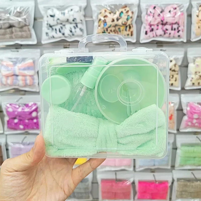 ชุดมาส์กหน้าแบบพกพา 12 ชิ้น, อุปกรณ์ทำความสะอาดผิวหน้าสำหรับผู้หญิง, ที่คาดผมแบบโบว์, ที่รัดข้อมือซับน้ำสำหรับมาส์กหน้า