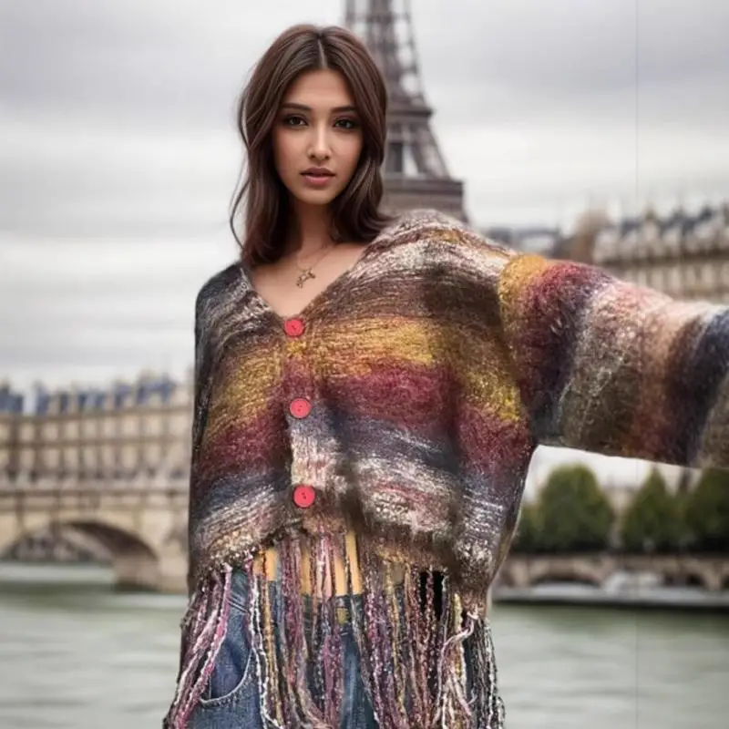 New Women's Bohemian Gradient Striped Knit Cardigan Female Wide Sleeve Loose Casual Sweater Coat for Ladies Fall Winter Outfits