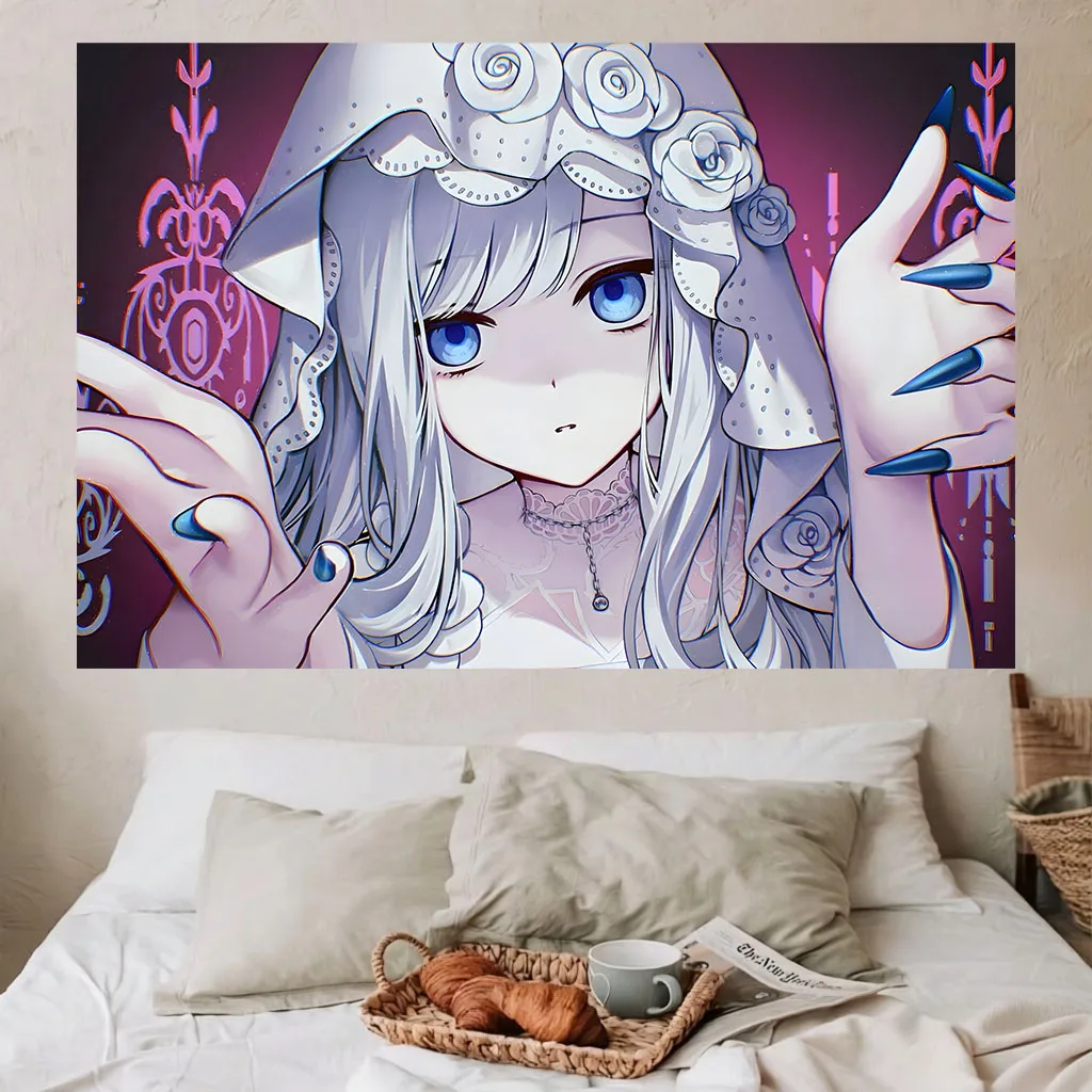 Gothic Lolita Anime Girl Tapestry White Rose Veil Blue Eyes Dark Aesthetic Manga Wall Hanging Tapestry Dorm Bedroom Background
