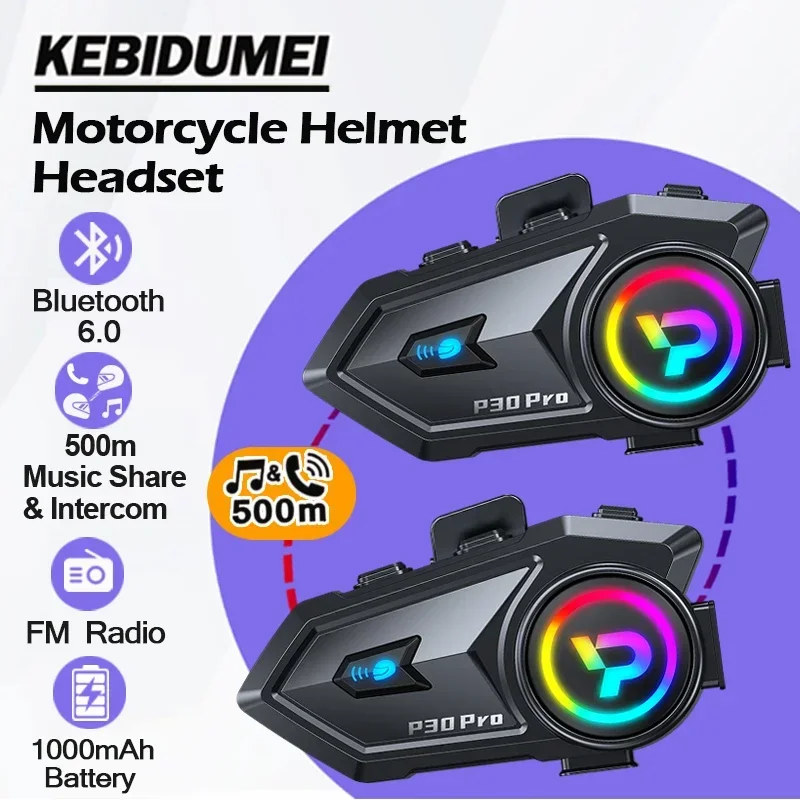 KEBIDUMEI 500M 2-Way Intercom Dual Core Bluetooth Helmet Headset Support Music Sharing FM Radio Waterproof Smart Noice Reduction