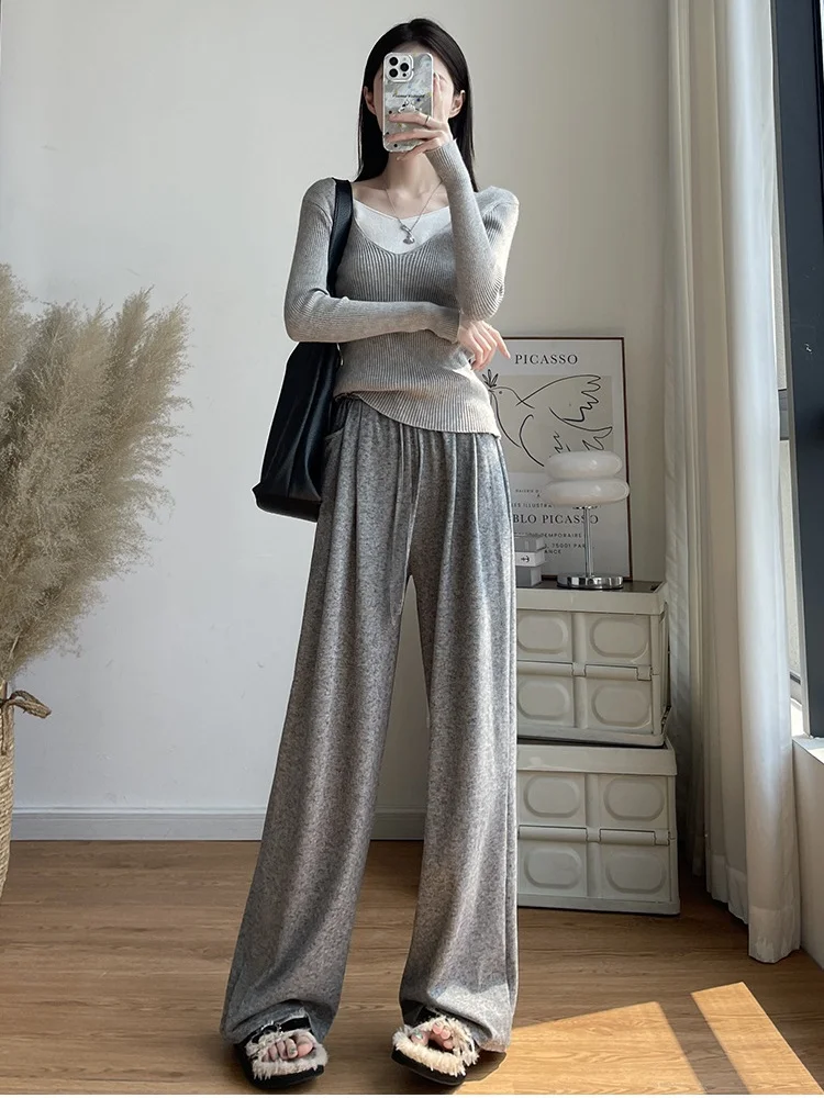 

Women High-Waisted Straight-Leg Wide-Leg Trousers Glutinous Rice Fabric Featuring Draped Silhouette Relaxed Fit Fleece Warmth